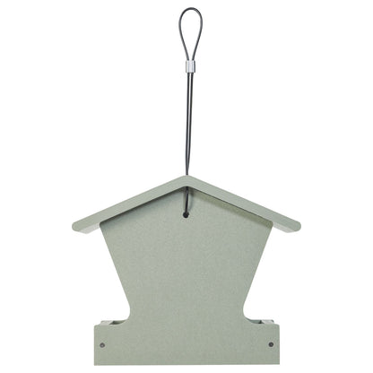 Close view of sage green recycled plastic hopper bird feeder