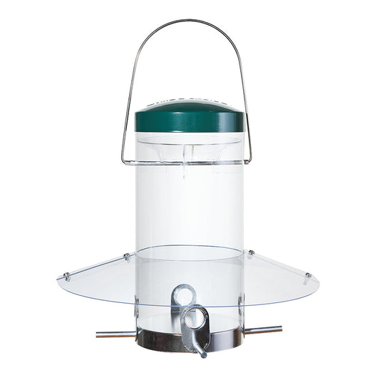 Clear hanging tube bird feeder with wide weather guard and four metal feeding ports