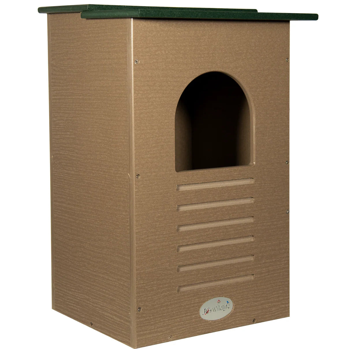 Front view of Recycled Poly-Lumber Barred Owl Nesting Box. 