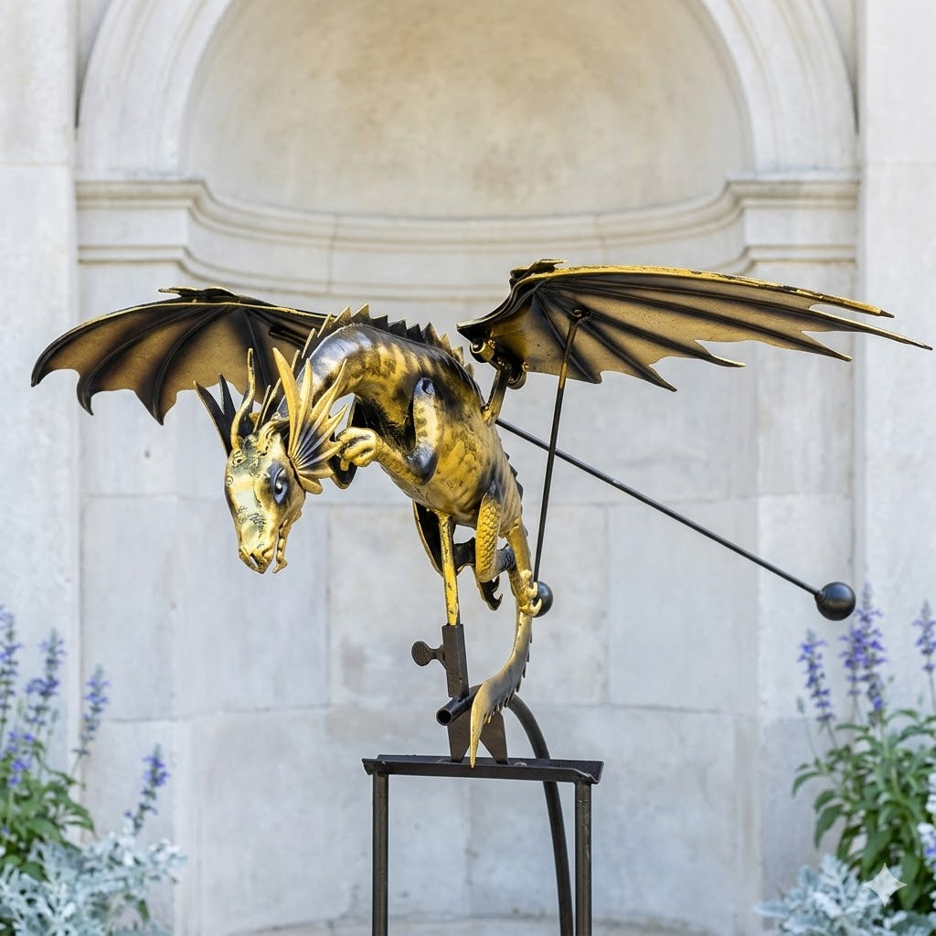 The Aurelian Drake Equilibrium Stanchion | 52" Kinetic Dragon Rocker with Flapping Wings | Red Carpet Studios