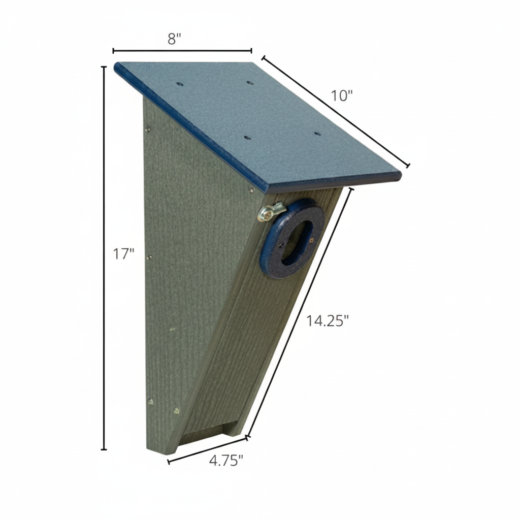 Poly Lumber gray & blue Peterson Bluebird house showing physical dimension measurements. 