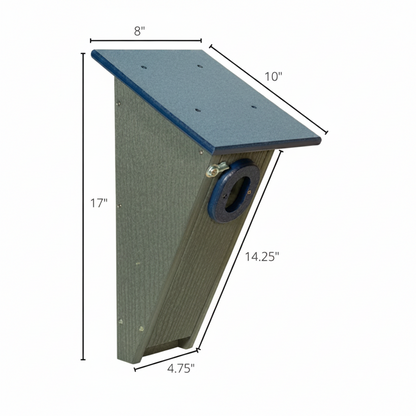 Poly Lumber gray & blue Peterson Bluebird house showing physical dimension measurements. 