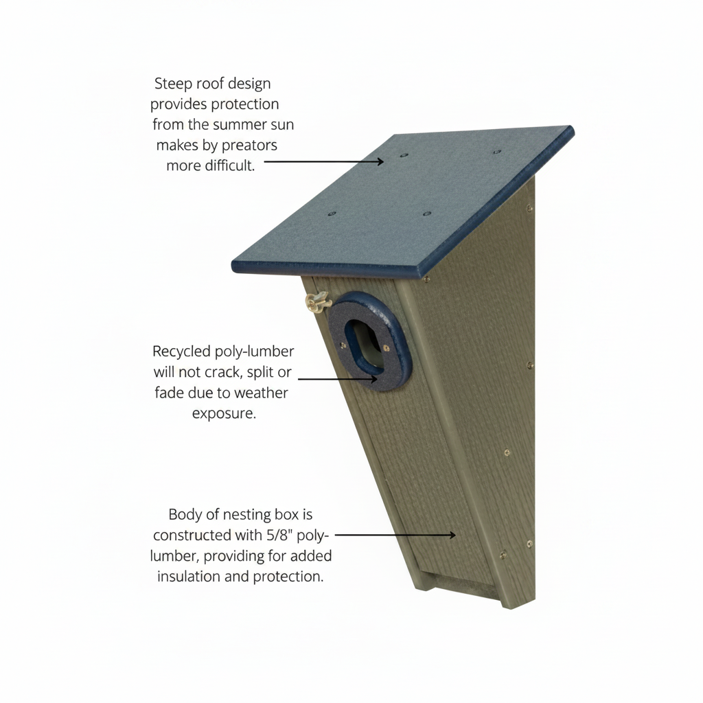 front angle view of poly-lumber Peterson Bluebird house highlighting features & benefits.