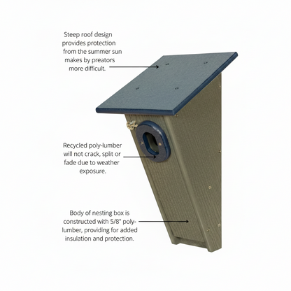 front angle view of poly-lumber Peterson Bluebird house highlighting features & benefits.