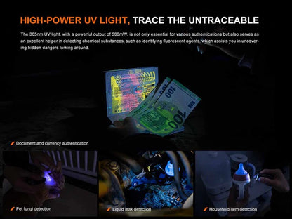 The 'Trifecta' Multi-Source Field Light | Fenix E06R 700-Lumen White + UV + Red Laser Rechargeable Instrument