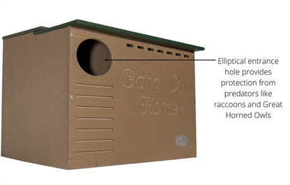 Front profile of poly-lumber Barn Owl box featuring anti-predator elliptical entrance hole.