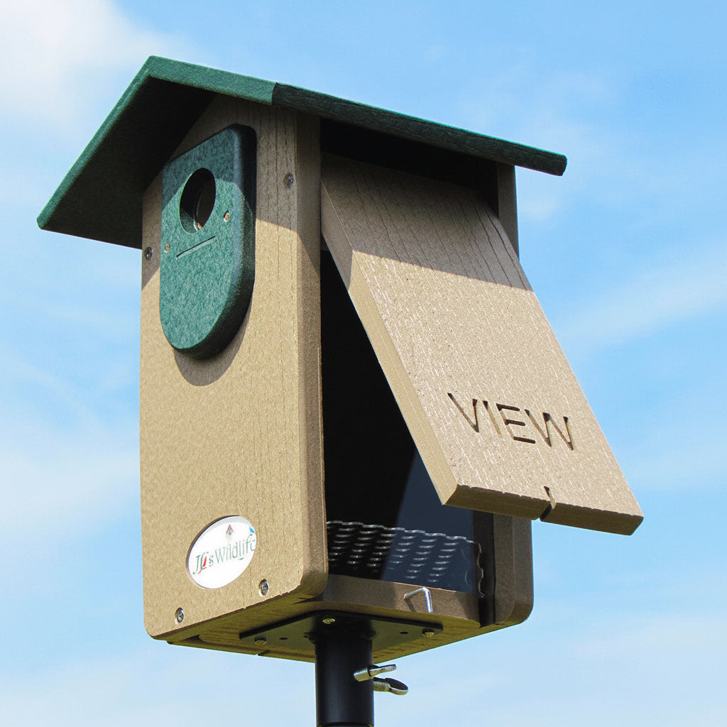 front angle view poly-lumber bluebird house featuring cleanout panel.