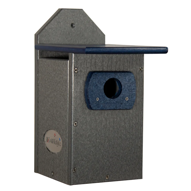 front left view poly-lumber blue & grey bluebird house.