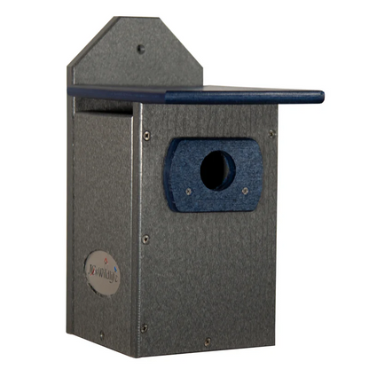 front left view poly-lumber blue & grey bluebird house.