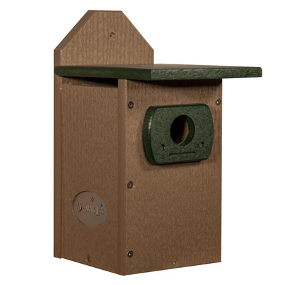 front left view poly-lumber tan & green bluebird house.