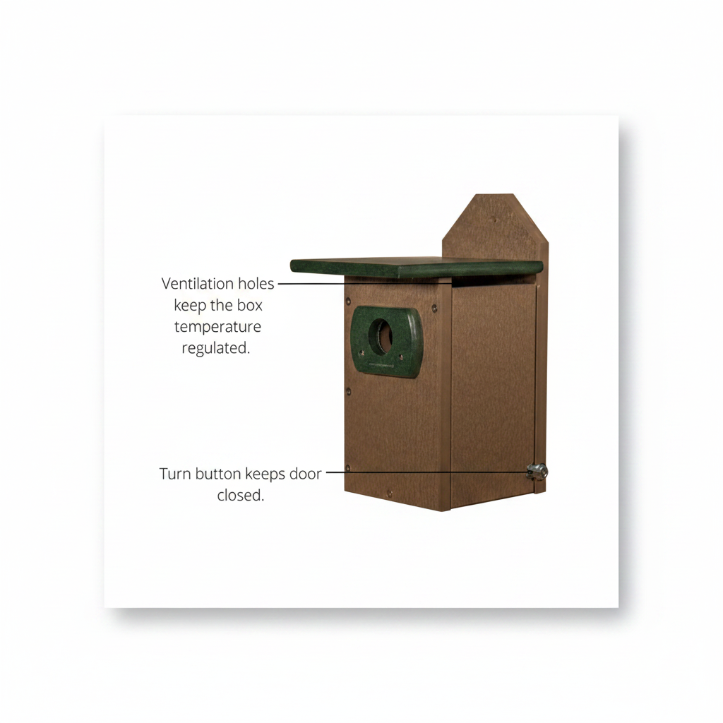 Angled view of tan & green poly-lumber bluebird house featuring side vent and turn button closure.