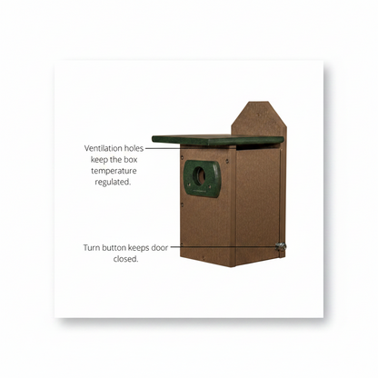 Angled view of tan & green poly-lumber bluebird house featuring side vent and turn button closure.