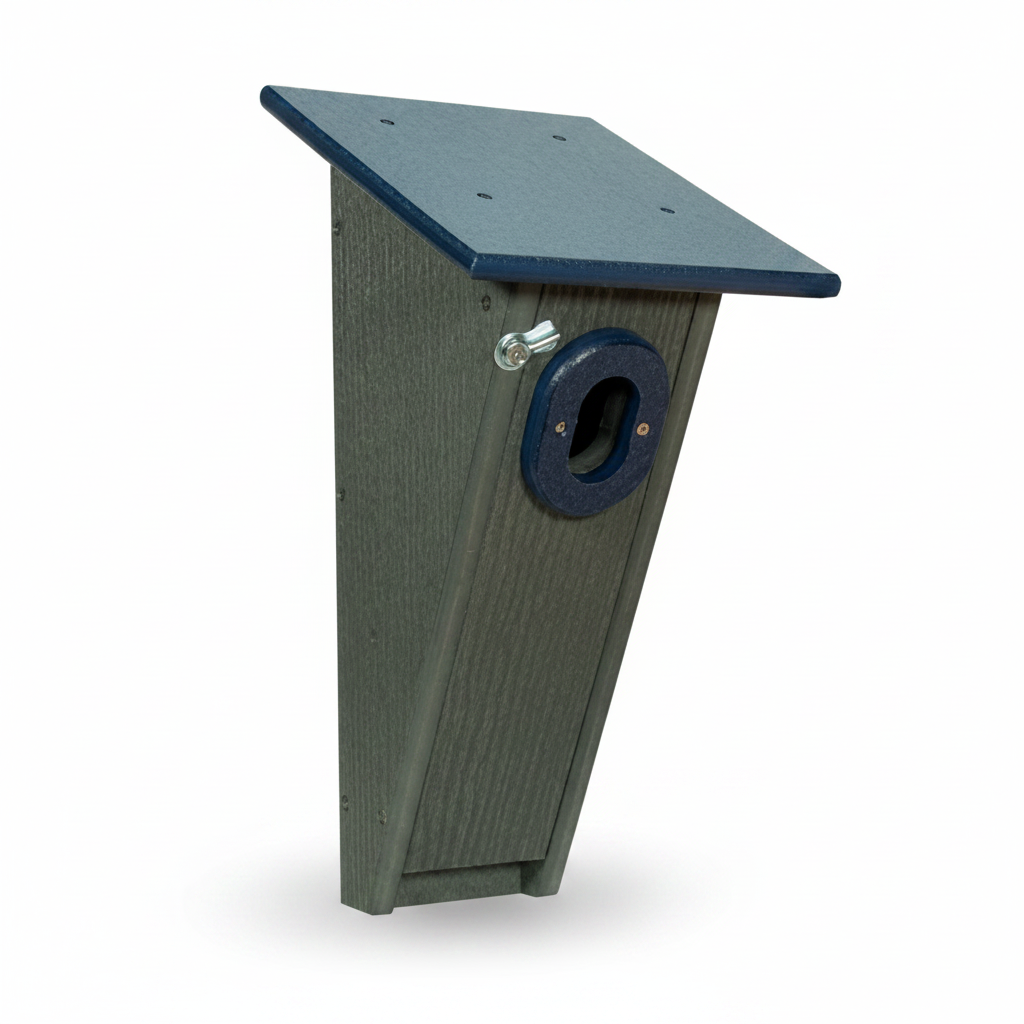 front angle view poly-lumber blue & grey Peterson Bluebird house.