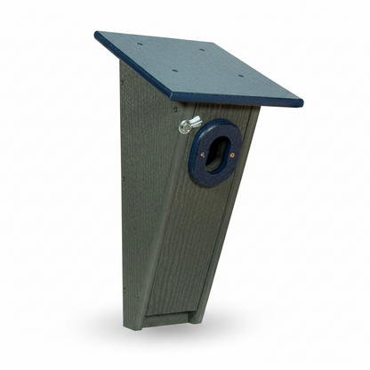 front angle view poly-lumber blue & grey Peterson Bluebird house.