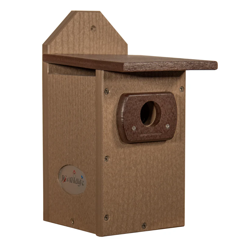 front left view poly-lumber brown & tan bluebird house.