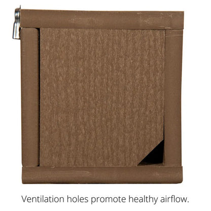 bottom view of tan recycled poly-lumber bluebird nesting box with ventilation hole.