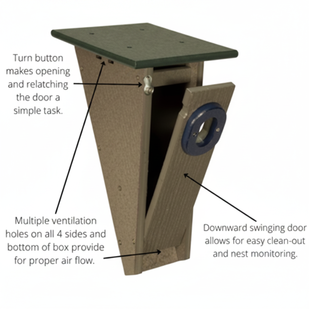 Front angle view Poly-lumber Peterson Bluebird nesting box featuring cleanout panel, latch, and ventilation holes.