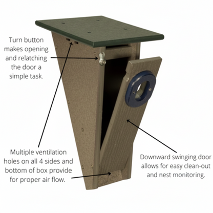 Front angle view Poly-lumber Peterson Bluebird nesting box featuring cleanout panel, latch, and ventilation holes.