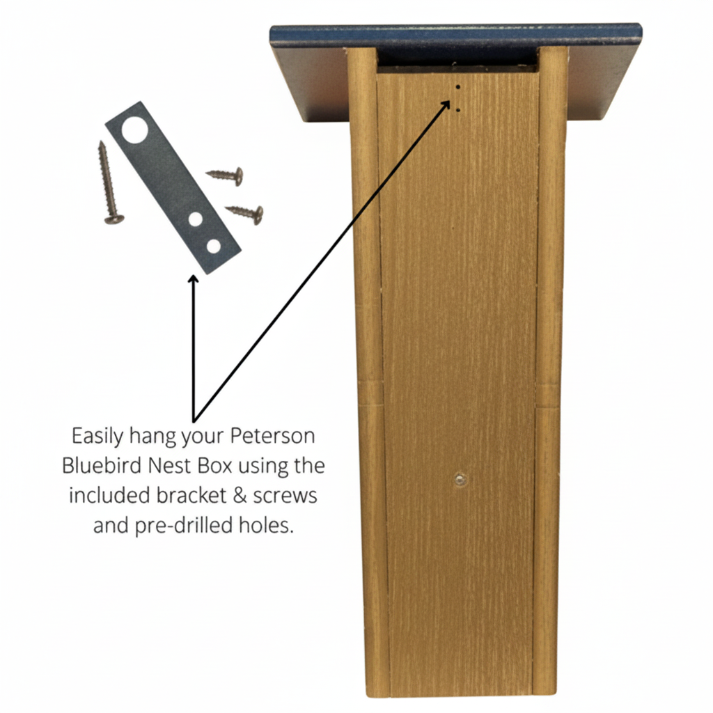 Rear view poly lumber Peterson Bluebird house featuring hanging hardware.