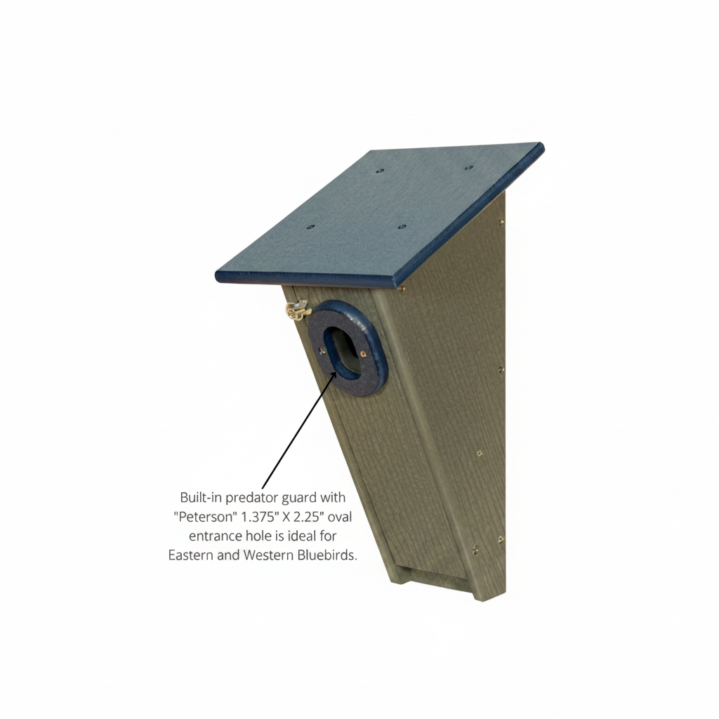 Angled view poly-lumber blue & gray Peterson Bluebird house highlighting ovular Peterson entry hole predator guard.