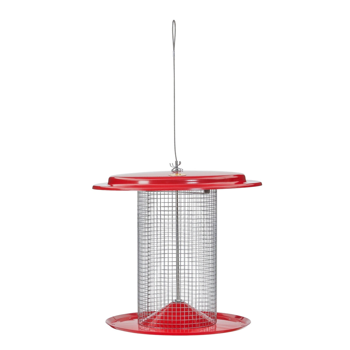 Red hanging sunflower seed bird feeder with stainless steel mesh sides