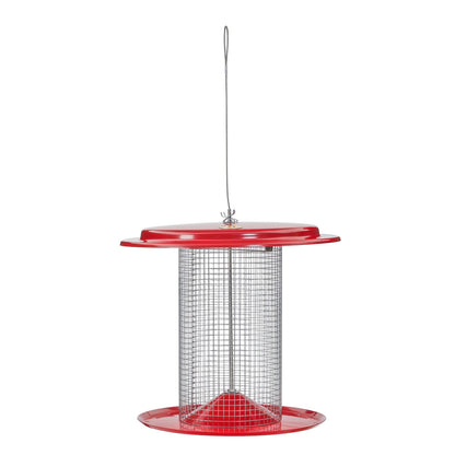 Red hanging sunflower seed bird feeder with stainless steel mesh sides