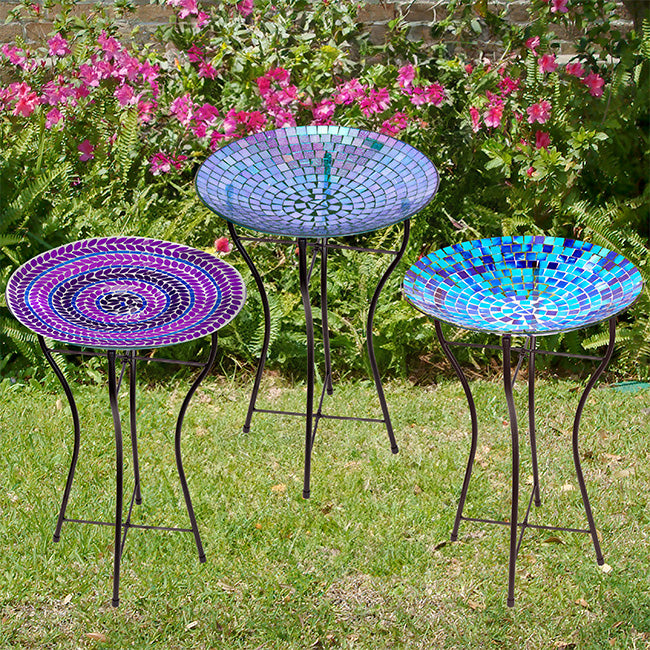 The 'Chromatic Trifecta' Glass Mosaic Bird Bath Collection | Audubon 15" Glass Mosaic Bird Baths with Folding Steel Stands — Set of 3