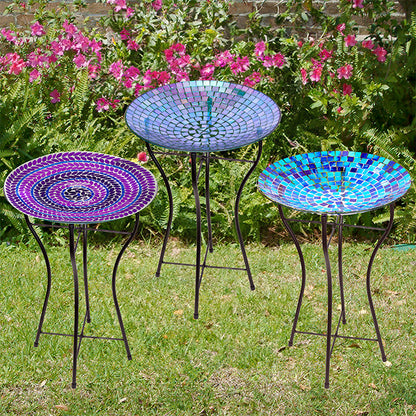 The 'Chromatic Trifecta' Glass Mosaic Bird Bath Collection | Audubon 15" Glass Mosaic Bird Baths with Folding Steel Stands — Set of 3