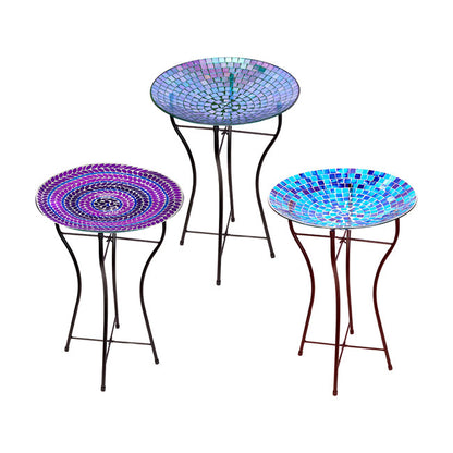 The 'Chromatic Trifecta' Glass Mosaic Bird Bath Collection | Audubon 15" Glass Mosaic Bird Baths with Folding Steel Stands — Set of 3