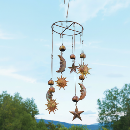 The Celestial Spire Flamed Copper Mobile | 30" Sun, Moon & Star Kinetic Garden Art | Ancient Graffiti
