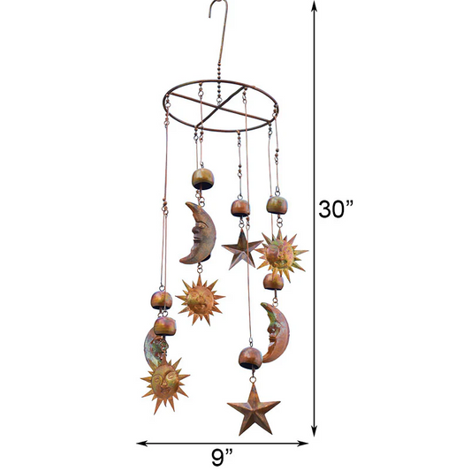 The Celestial Spire Flamed Copper Mobile | 30" Sun, Moon & Star Kinetic Garden Art | Ancient Graffiti